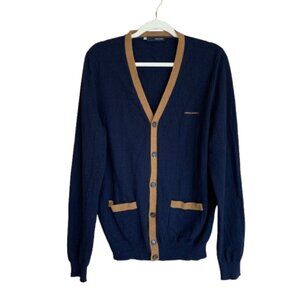 Dsquared2 Men's Large Navy/Tan Button Down V-Neck Wool Cashmere Blend Cardigan